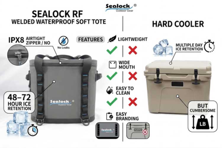 HF-welded waterproof soft cooler tote with IPX8 zipper compared to a bulky hard cooler