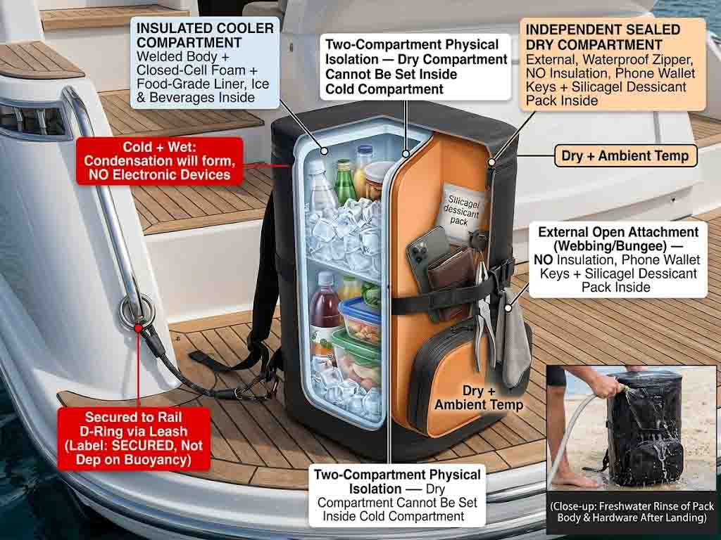 boating cooler backpack lashed on deck with dry pocket holding phone and keys and cold chamber holding drinks