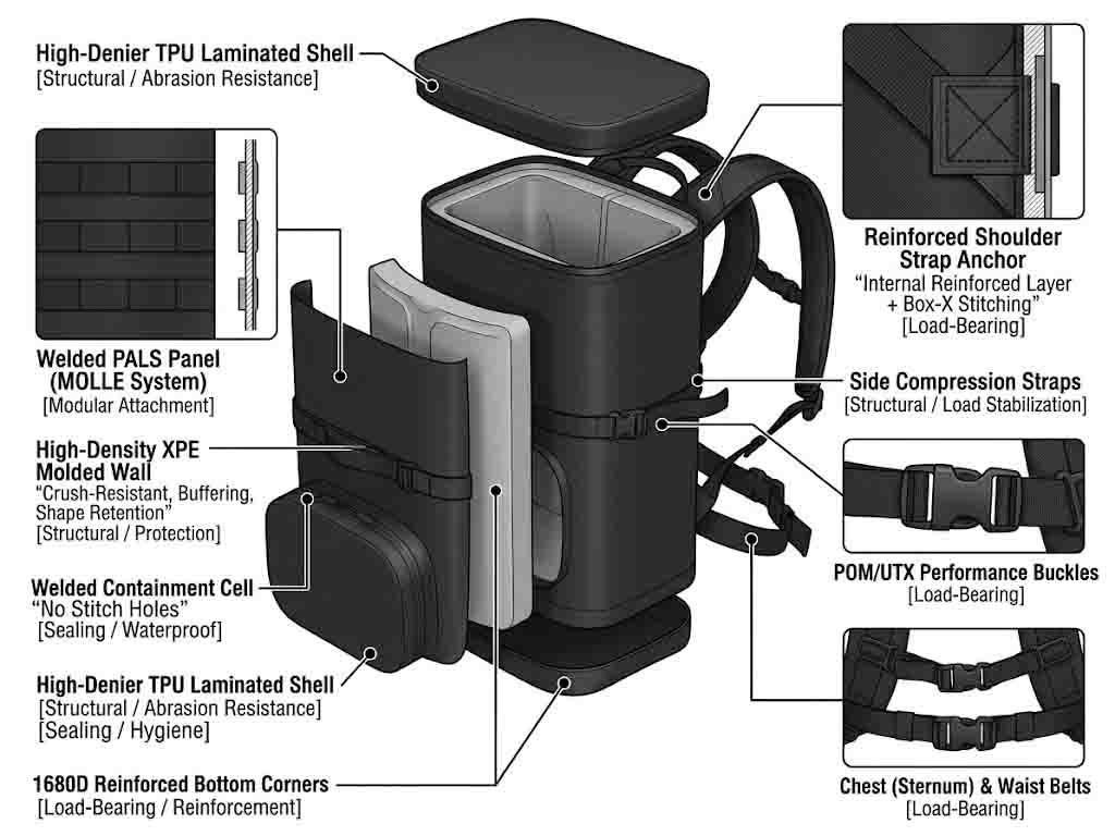 exploded view of a tactical cooler backpack showing welded containment, dense molded XPE wall, welded MOLLE panel and reinforced strap anchoring